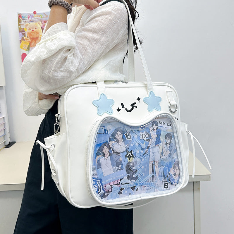 Kawaii Star Face Ita Tote Bag – Large Capacity Clear Window Shoulder