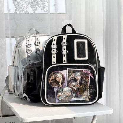 Large Capacity Dual Window Ita Backpack | PU Leather School Bag with Buckle Straps